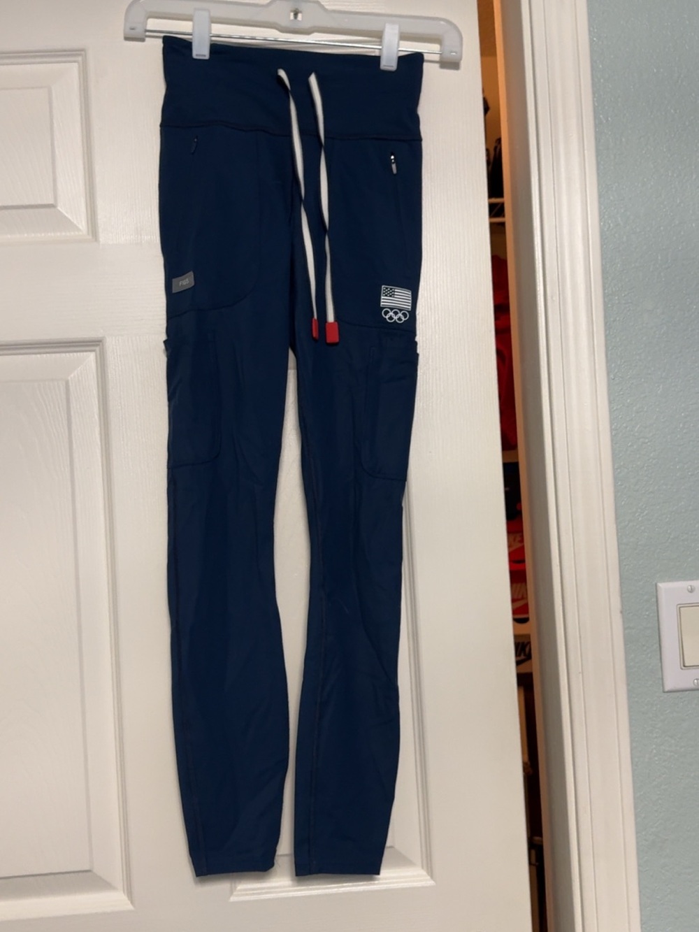 NWOT Figs Navy Drawstring Athletic Leggings with USA Olympic Detail